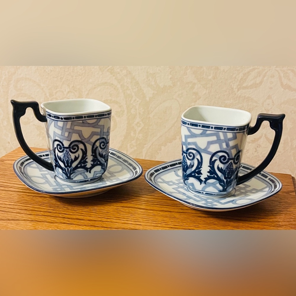 Elegant Bombay Blue and White Ceramic Cup and Saucer Set of 2